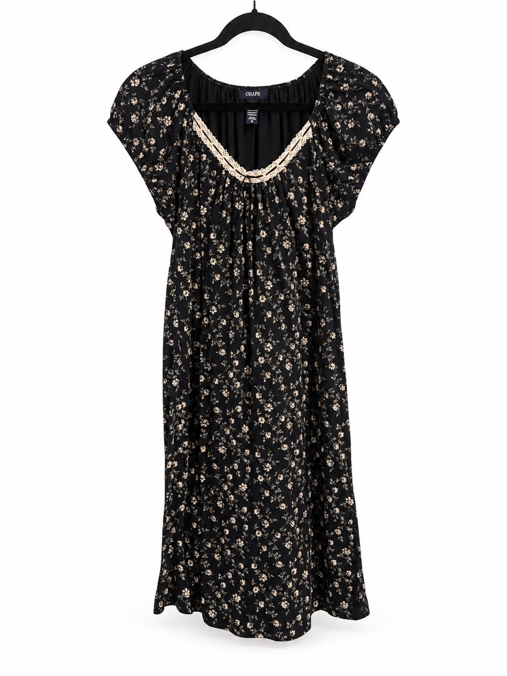CHAPS Black Coquette 100% Cotton Floral Lace-Trim Nightgown Size Small